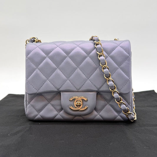 Chanel Shoulder Bag Lambskin Mini Quilted Metallic Purple CC Logo Turnlock Gold