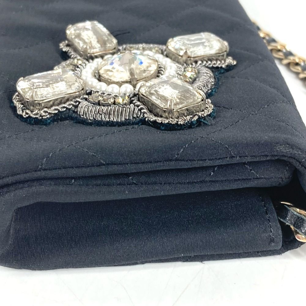 Chanel Shoulder Bag Logo Faux Pearl Rhinestone Bijou Party Satin Black — view 7
