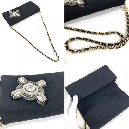 Chanel Shoulder Bag Logo Faux Pearl Rhinestone Bijou Party Satin Black — view 8