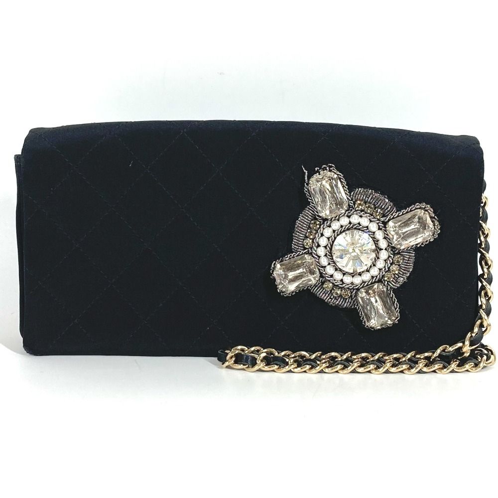 Chanel Shoulder Bag Logo Faux Pearl Rhinestone Bijou Party Satin Black