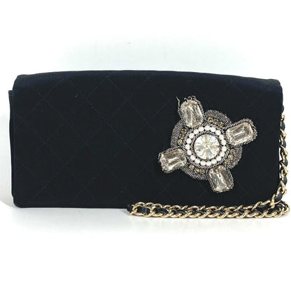 Chanel Shoulder Bag Logo Faux Pearl Rhinestone Bijou Party Satin Black