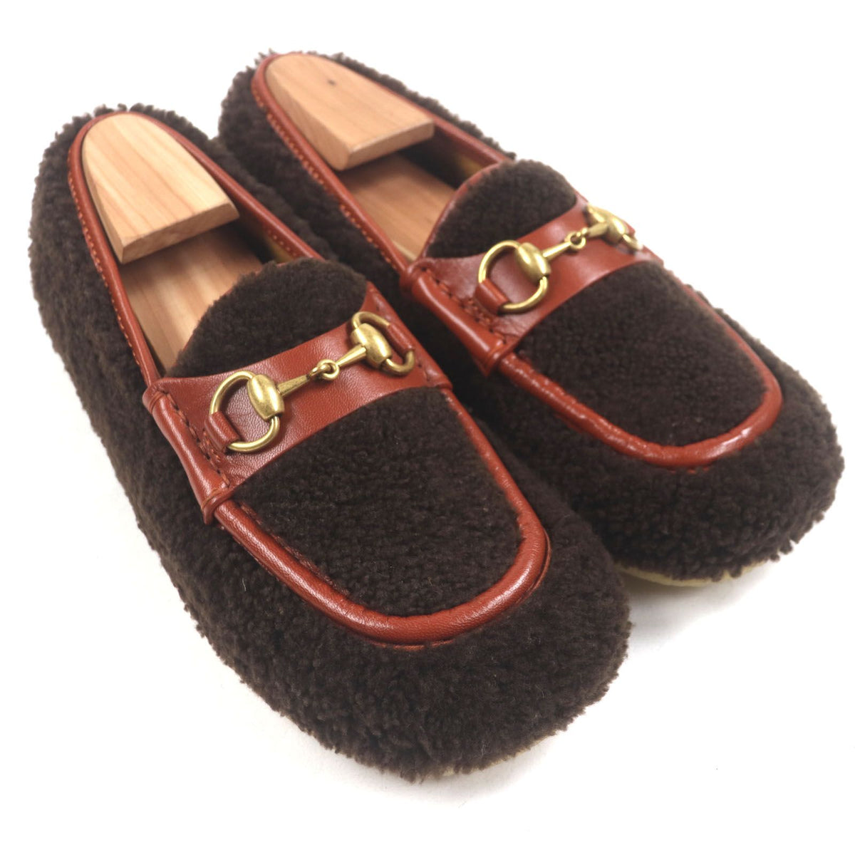 Gucci Fleece Leather Horsebit Moccasins Tip Slip-on Loafers Brown 6 — view 3