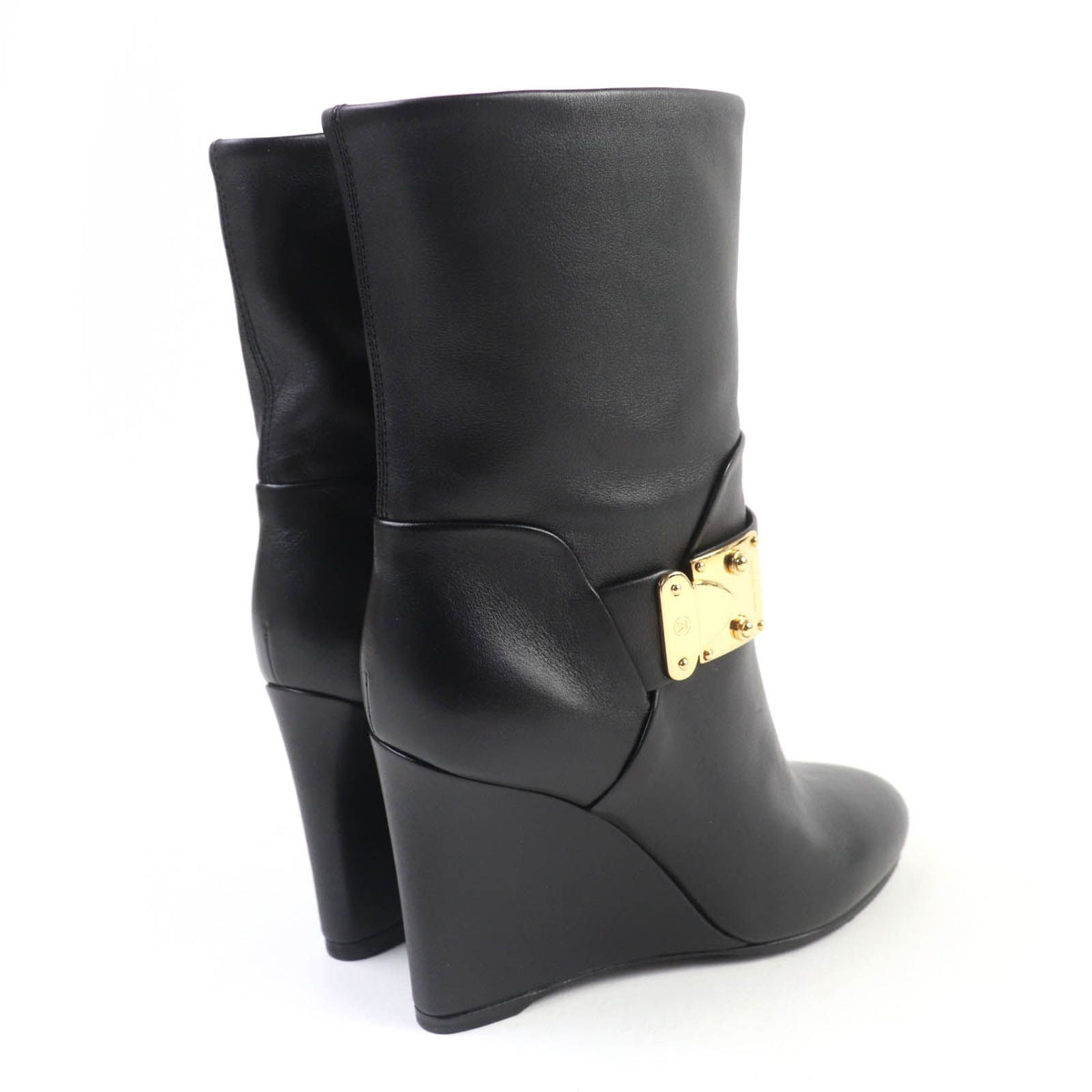 Louis Vuitton Buckle Wedge Sole Leather Short Boots Booties Black — view 2
