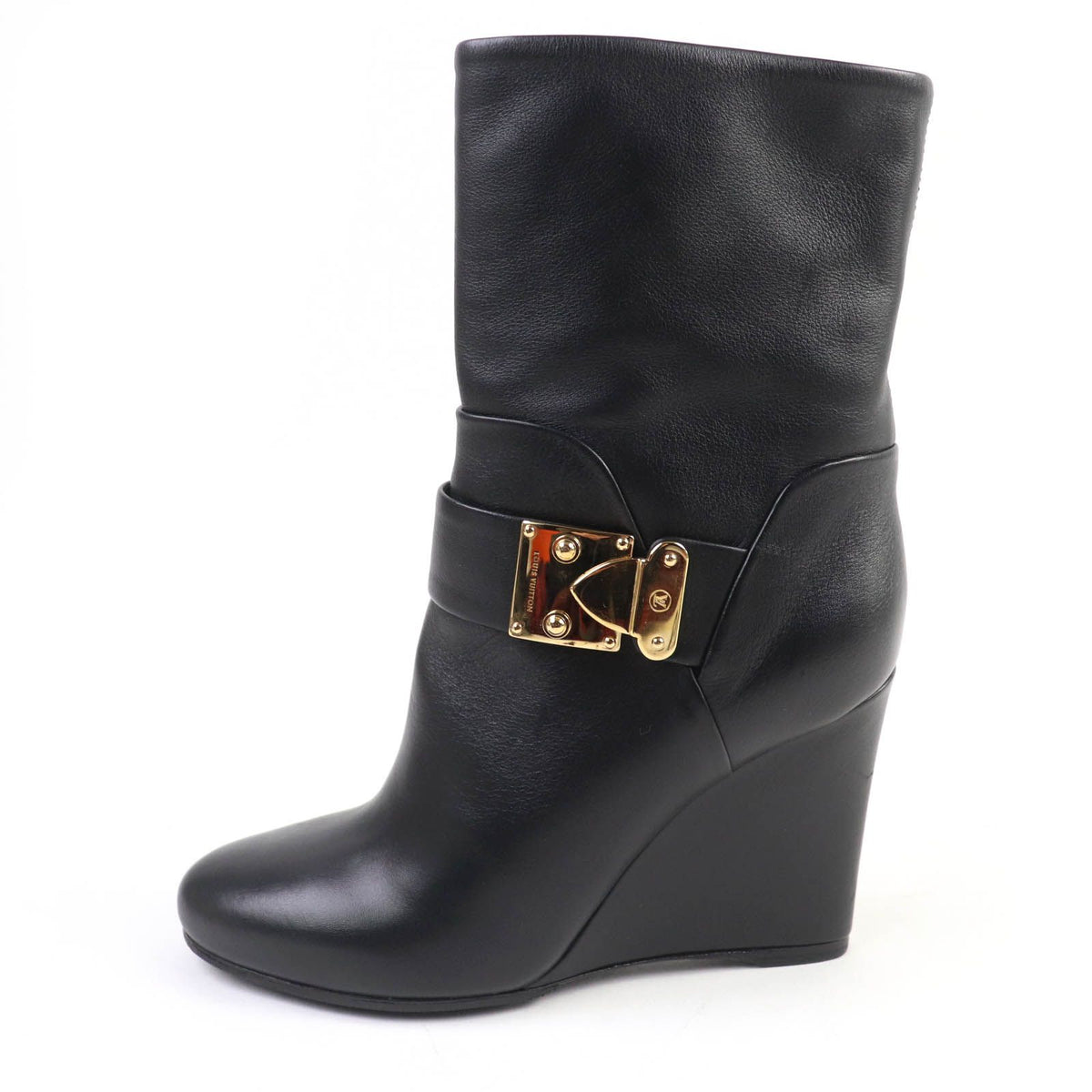 Louis Vuitton Buckle Wedge Sole Leather Short Boots Booties Black — view 4