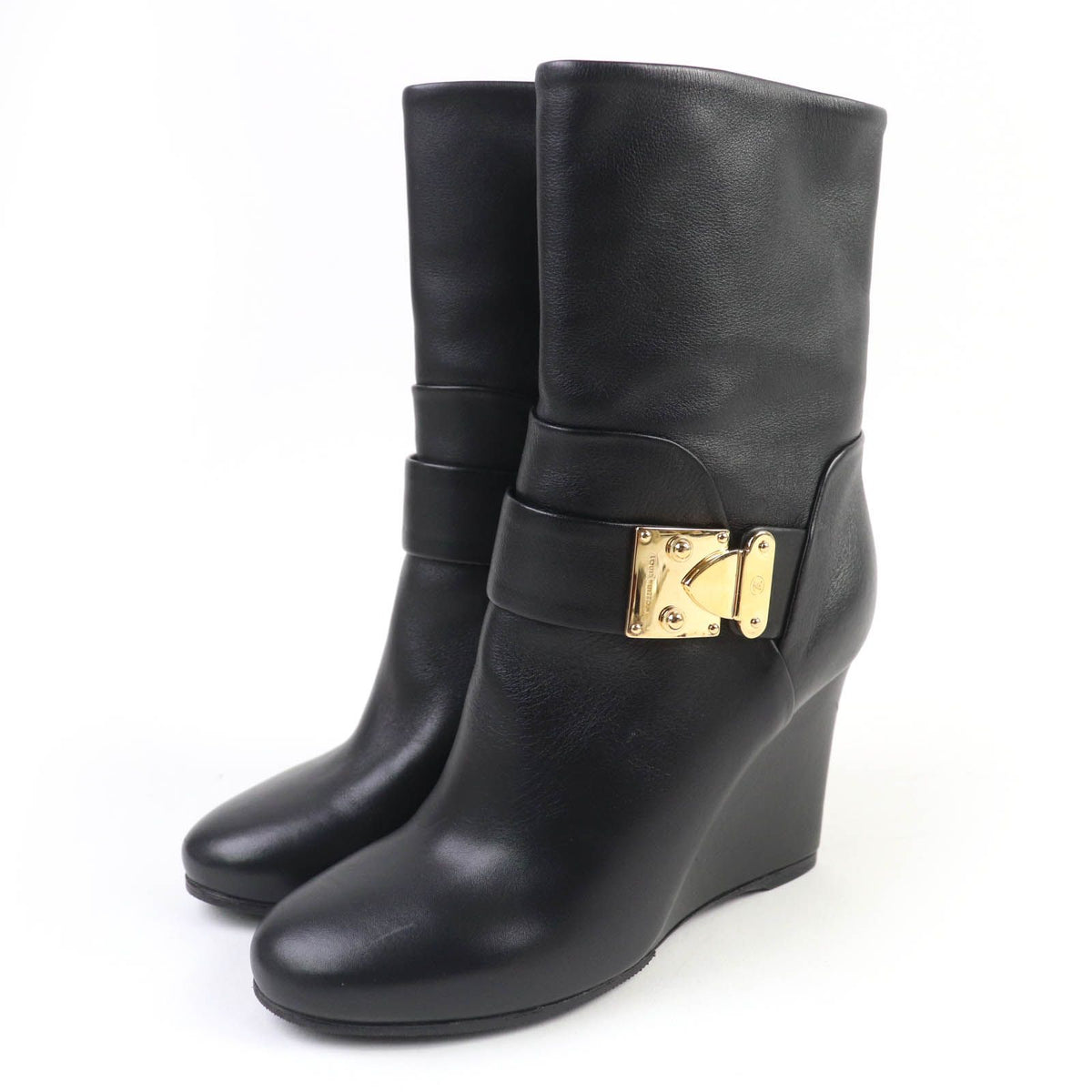 Louis Vuitton Buckle Wedge Sole Leather Short Boots Booties Black