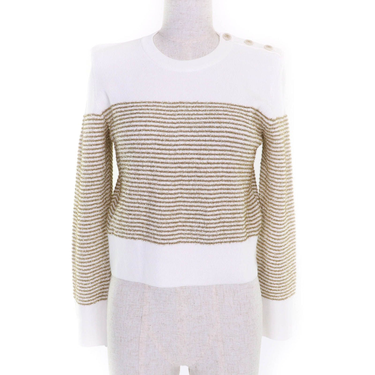 Chanel CC Logo Buttoned Glitter Long Sleeve Pullover White Gold Sweater 38