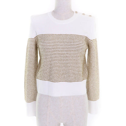 Chanel CC Logo Buttoned Glitter Long Sleeve Pullover White Gold Sweater 38
