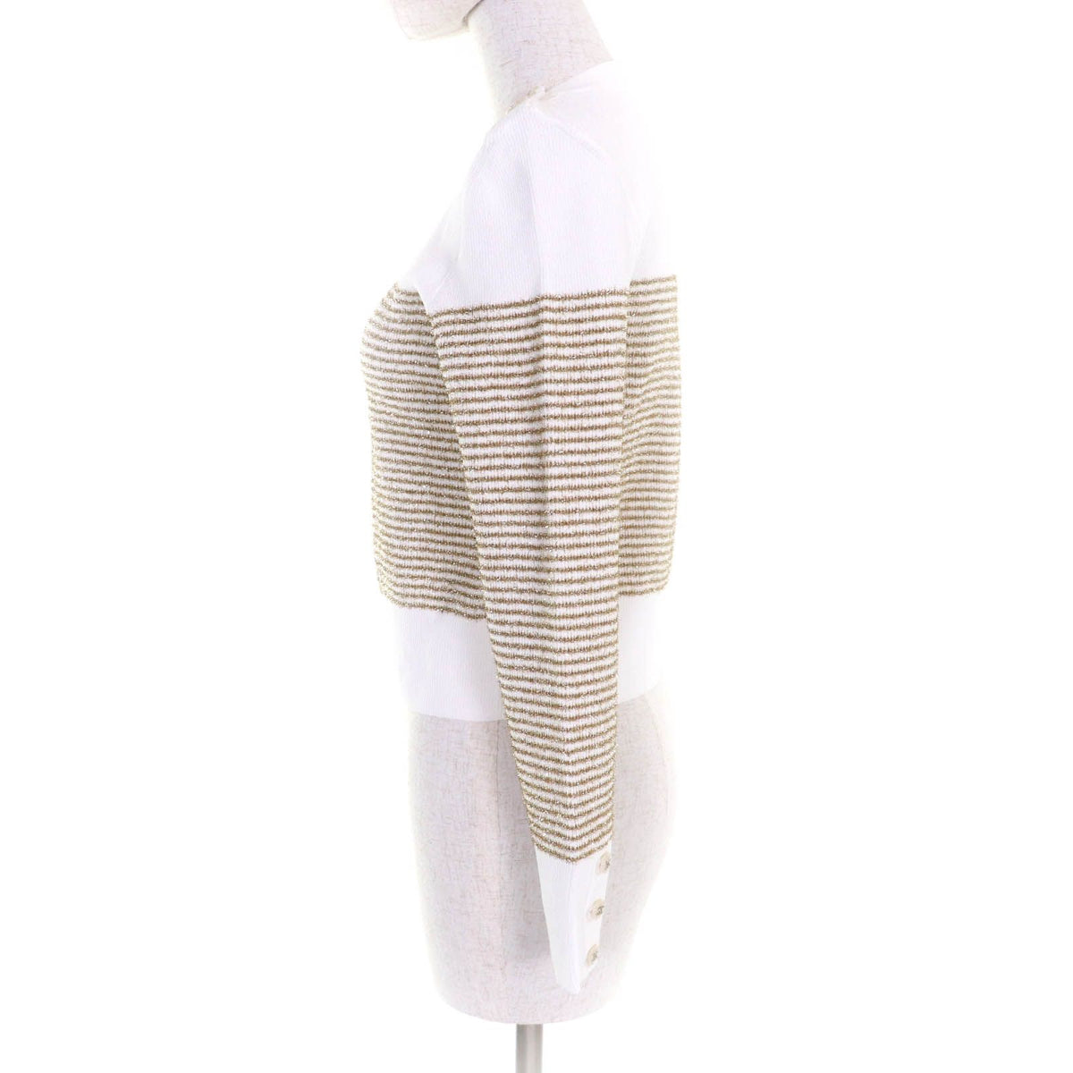 Chanel CC Logo Buttoned Glitter Long Sleeve Pullover White Gold Sweater 38 — view 2
