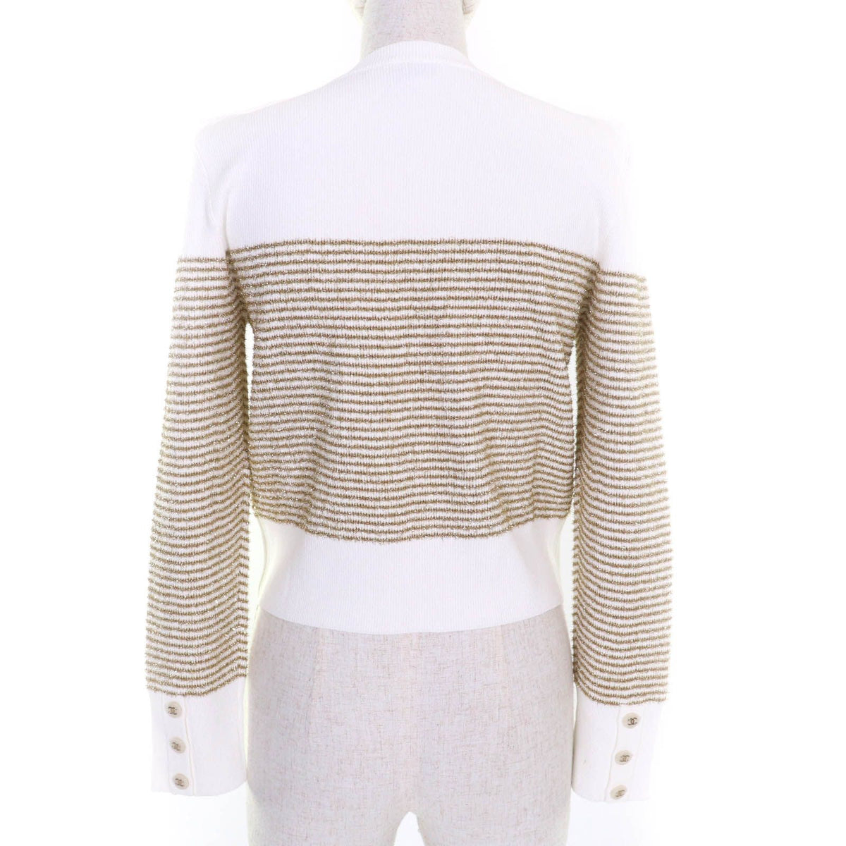 Chanel CC Logo Buttoned Glitter Long Sleeve Pullover White Gold Sweater 38 — view 3