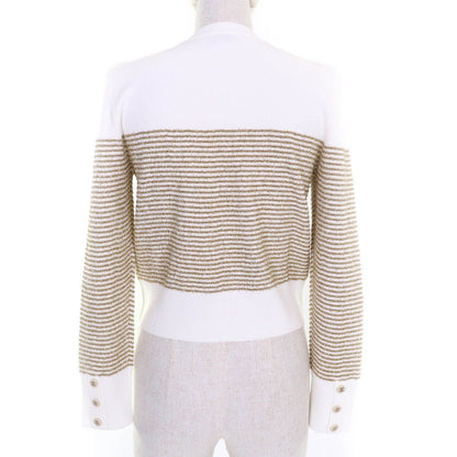 Chanel CC Logo Buttoned Glitter Long Sleeve Pullover White Gold Sweater 38 — view 3