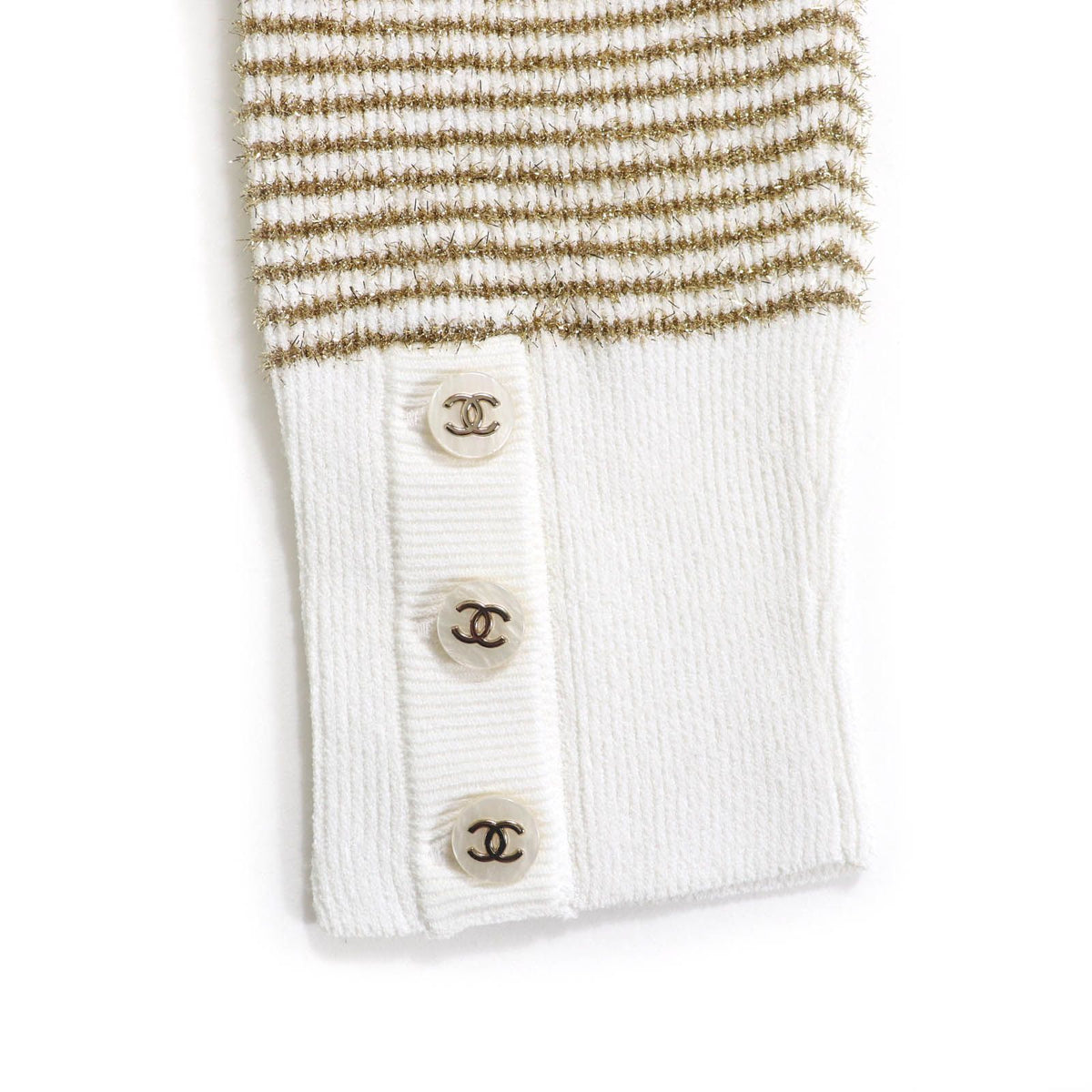 Chanel CC Logo Buttoned Glitter Long Sleeve Pullover White Gold Sweater 38 — view 5