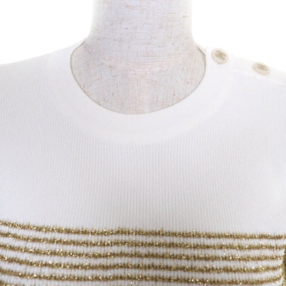 Chanel CC Logo Buttoned Glitter Long Sleeve Pullover White Gold Sweater 38 — view 4