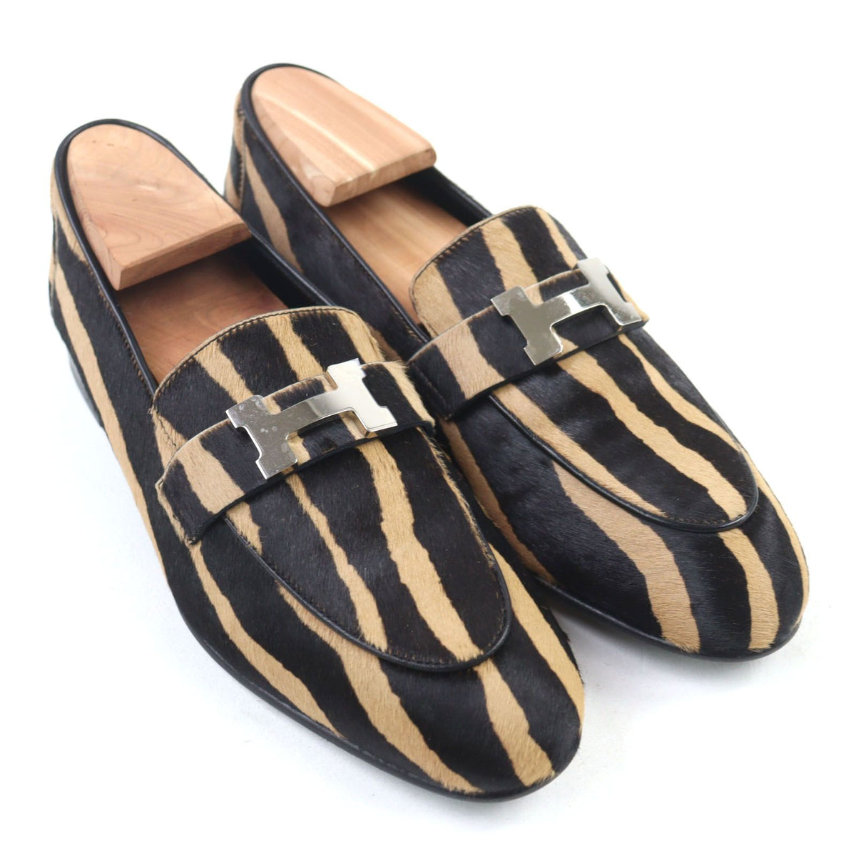 Hermes Calf Hair H Metal Zebra Print Moccasins Loafers Camel Black — view 3