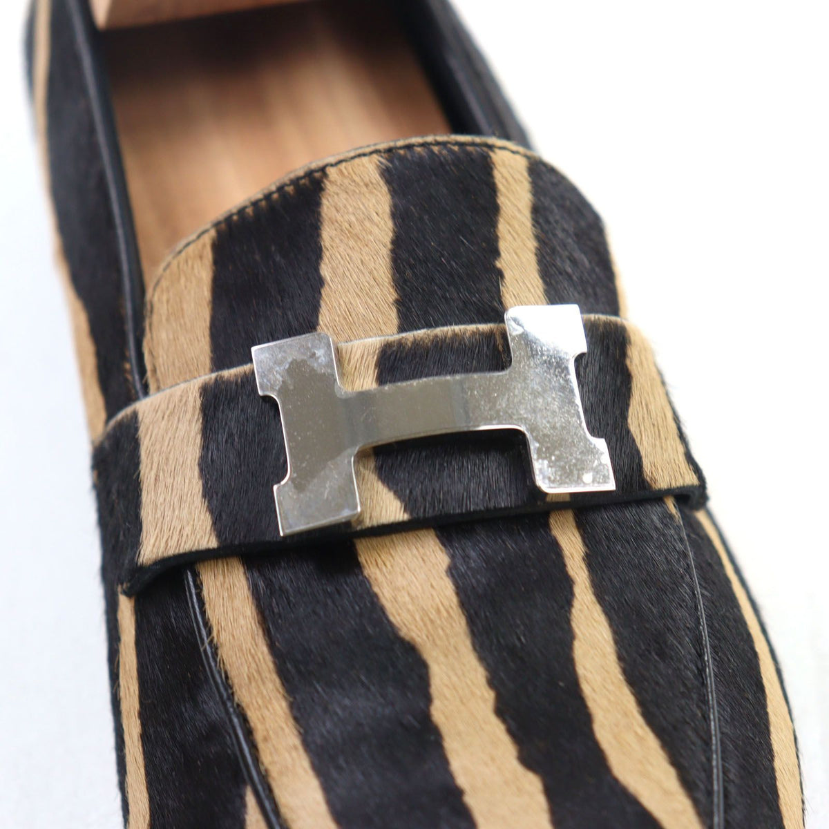 Hermes Calf Hair H Metal Zebra Print Moccasins Loafers Camel Black — view 7