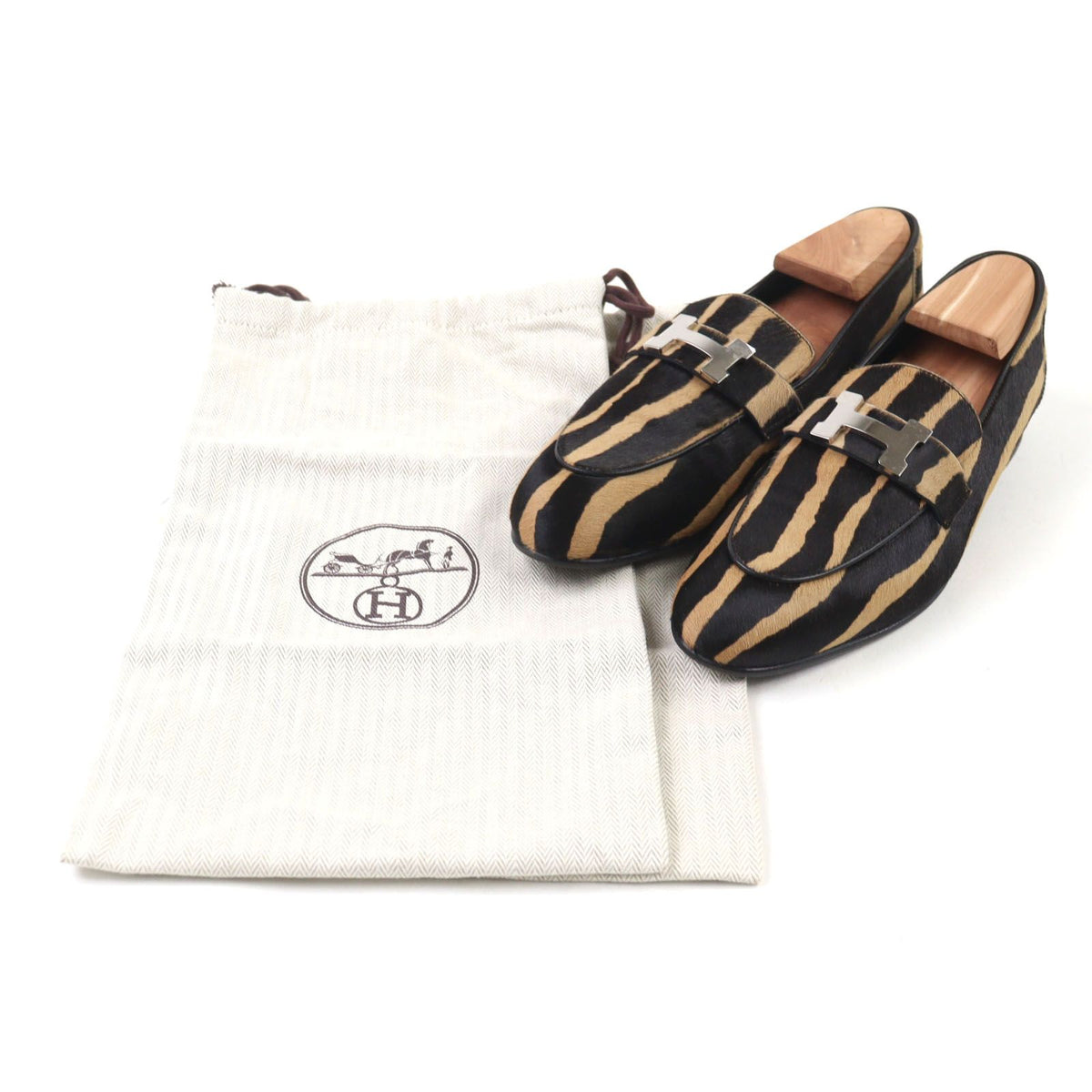 Hermes Calf Hair H Metal Zebra Print Moccasins Loafers Camel Black — view 2