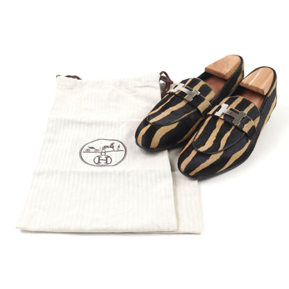 Hermes Calf Hair H Metal Zebra Print Moccasins Loafers Camel Black — view 2