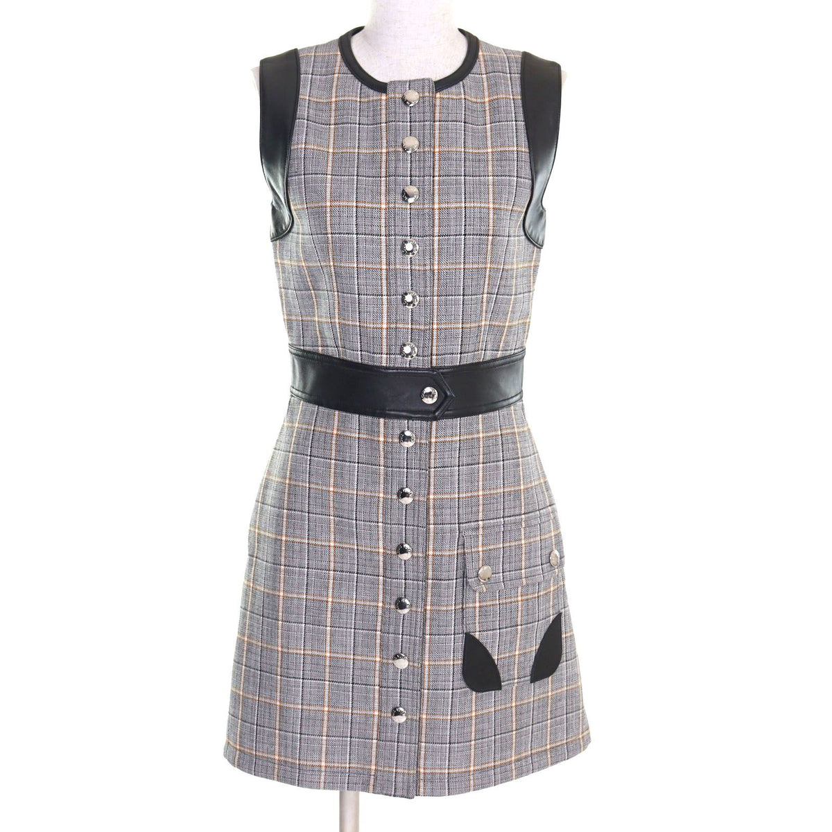 Louis Vuitton Logo Button LV Tweed Leather Paneled Dress 34