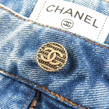 Chanel Cotton CC Logo Button Distressed Tulle Cropped Denim Pants Indigo Blue 36 — view 7