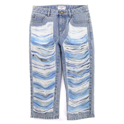 Chanel Cotton CC Logo Button Distressed Tulle Cropped Denim Pants Indigo Blue 36