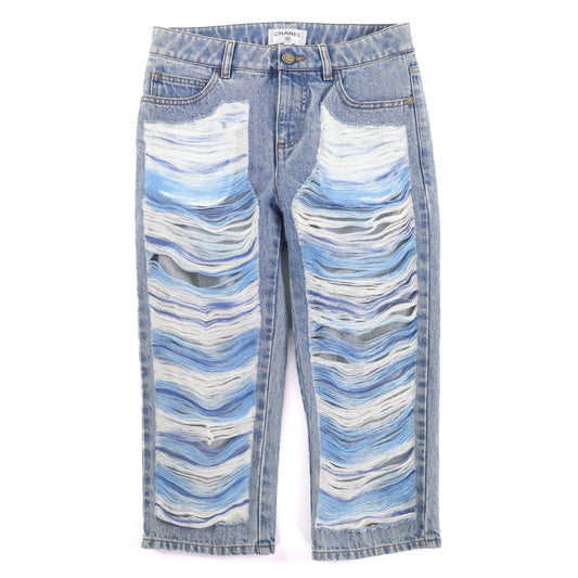 Chanel Cotton CC Logo Button Distressed Tulle Cropped Denim Pants Indigo Blue 36