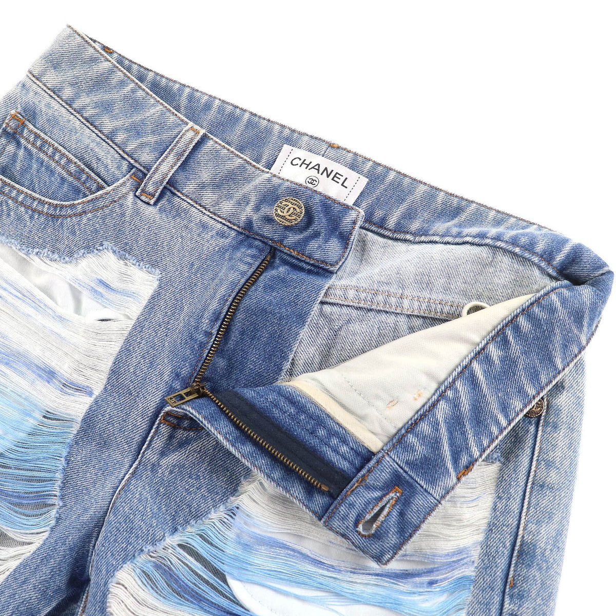 Chanel Cotton CC Logo Button Distressed Tulle Cropped Denim Pants Indigo Blue 36 — view 5
