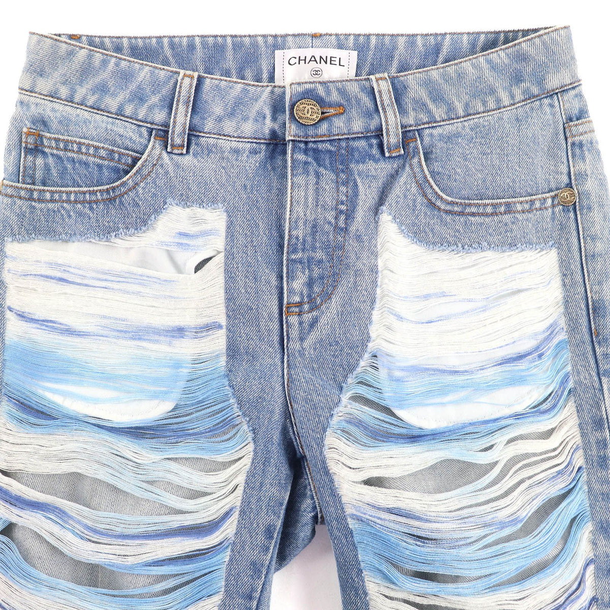 Chanel Cotton CC Logo Button Distressed Tulle Cropped Denim Pants Indigo Blue 36 — view 3
