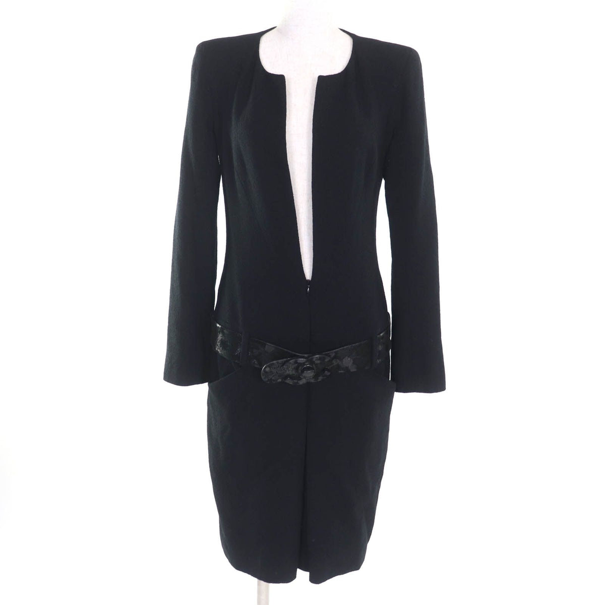 Chanel Lining Silk 100% Big CC Logo Buckle with Belt Long Sleeve Wool Dress