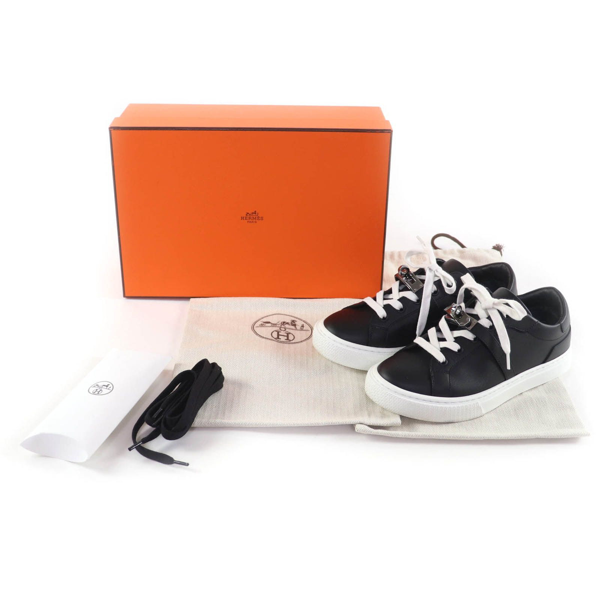 Hermes Day Silver Kelly Buckle Lace-up Leather Sneakers Black — view 2