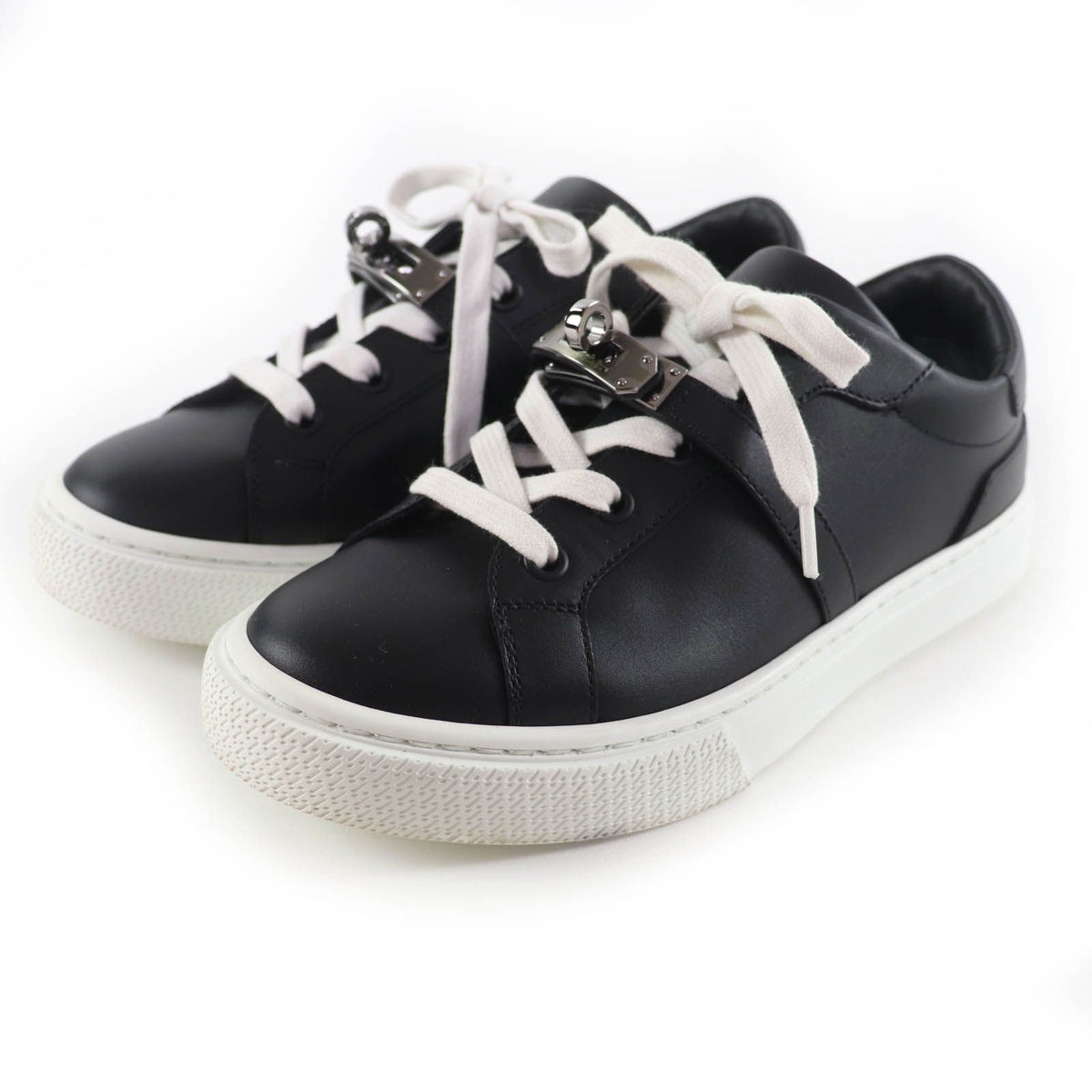 Hermes Day Silver Kelly Buckle Lace-up Leather Sneakers Black