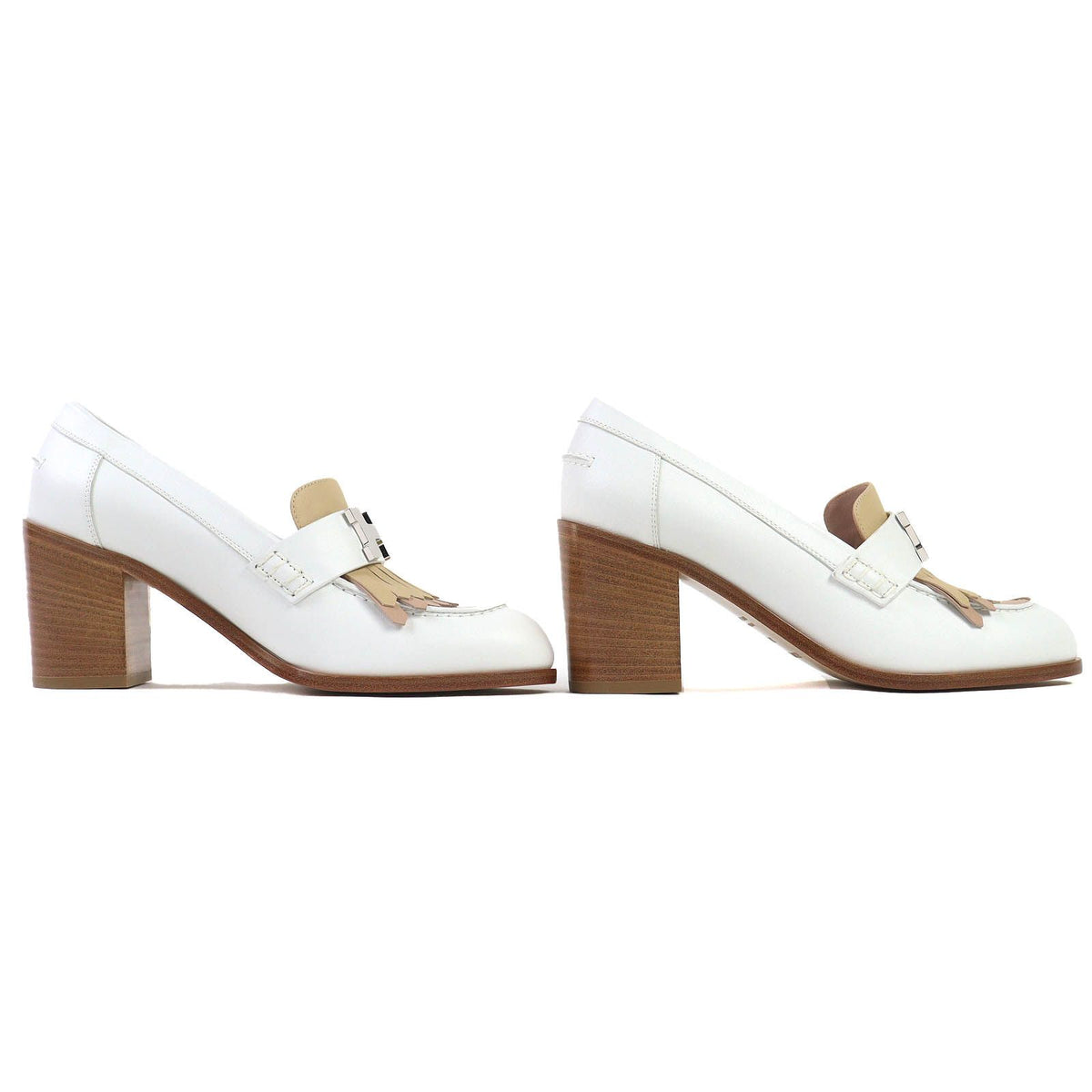 Hermes Constance Elysee 70 Silver Leather Pumps Chunky Heel White Beige — view 4