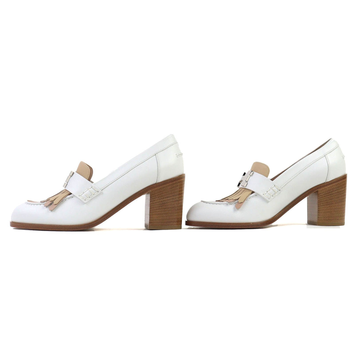 Hermes Constance Elysee 70 Silver Leather Pumps Chunky Heel White Beige — view 3