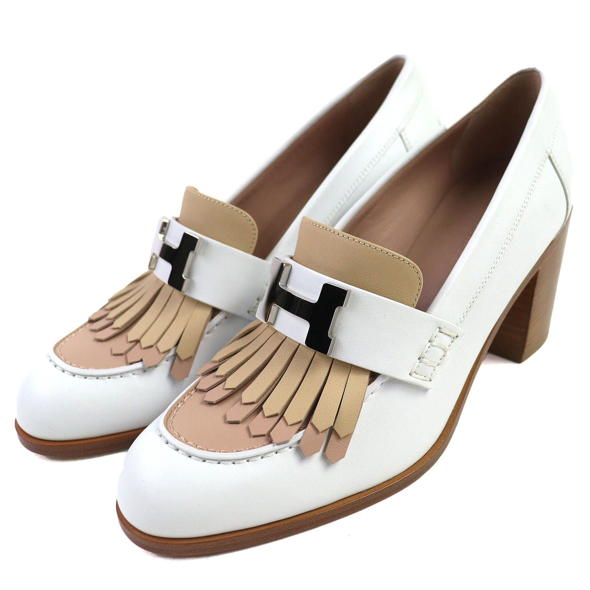 Hermes Constance Elysee 70 Silver Leather Pumps Chunky Heel White Beige