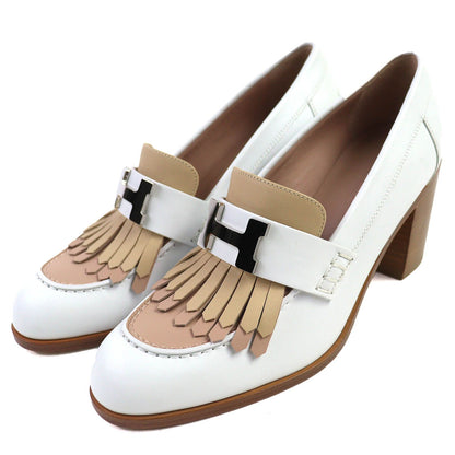 Hermes Constance Elysee 70 Silver Leather Pumps Chunky Heel White Beige