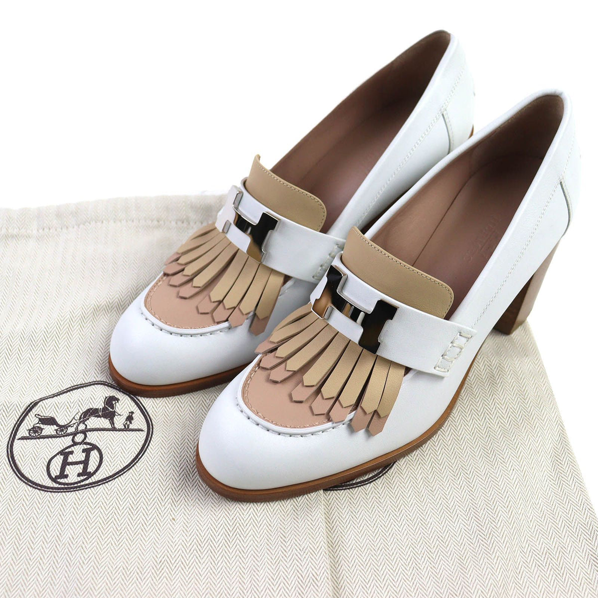 Hermes Constance Elysee 70 Silver Leather Pumps Chunky Heel White Beige — view 2