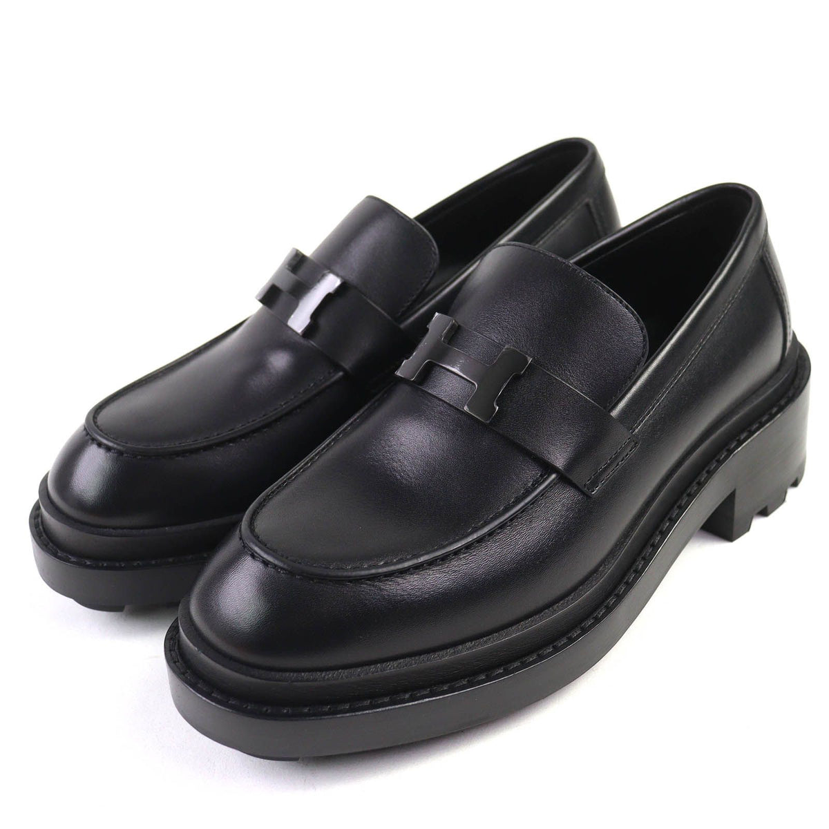 Hermes Moccasins Louvre H Logo Leather Loafers Black