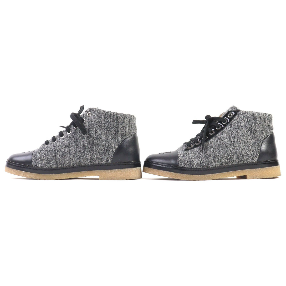Chanel CC Logo Leather Switch Tweed Lace-up Sneakers Black Gray — view 2