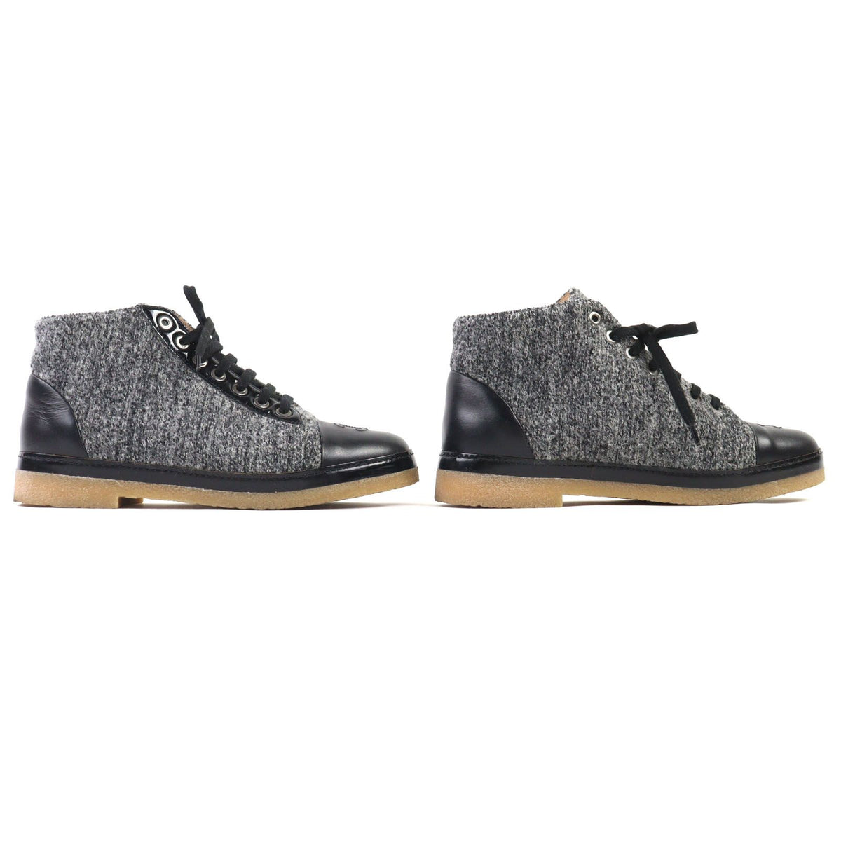 Chanel CC Logo Leather Switch Tweed Lace-up Sneakers Black Gray — view 3