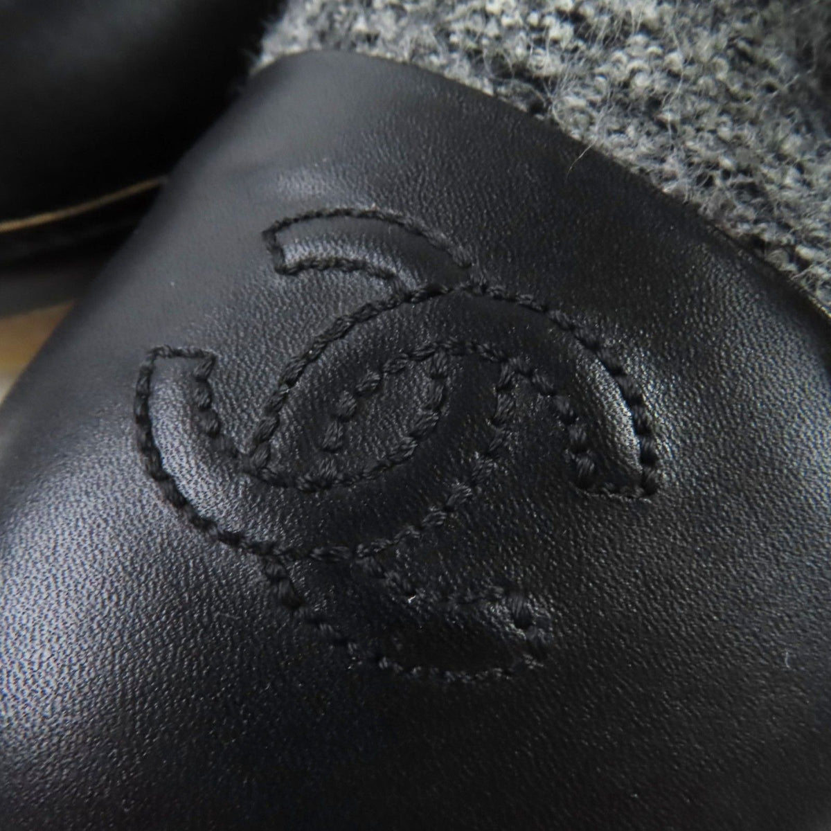 Chanel CC Logo Leather Switch Tweed Lace-up Sneakers Black Gray — view 7