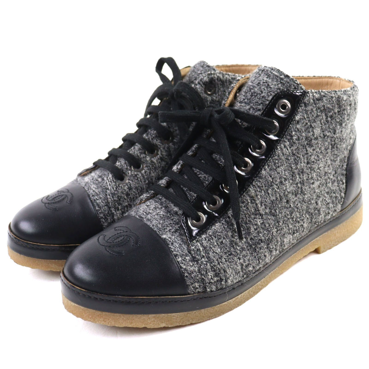 Chanel CC Logo Leather Switch Tweed Lace-up Sneakers Black Gray