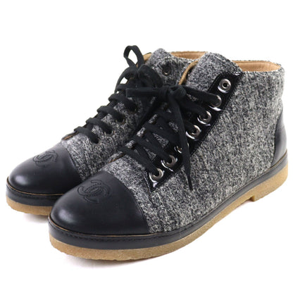 Chanel CC Logo Leather Switch Tweed Lace-up Sneakers Black Gray