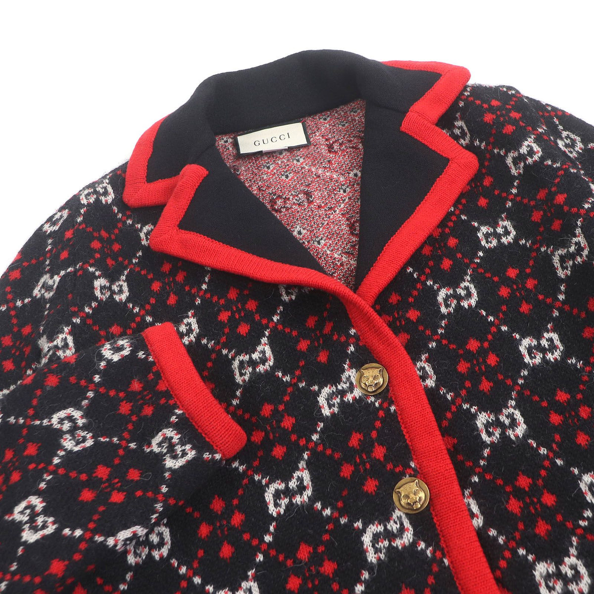 Gucci Alpaca Wool Tiger Head Gold Button GG Jacquard Knit Cardigan Black — view 2