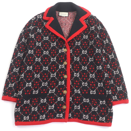 Gucci Alpaca Wool Tiger Head Gold Button GG Jacquard Knit Cardigan Black