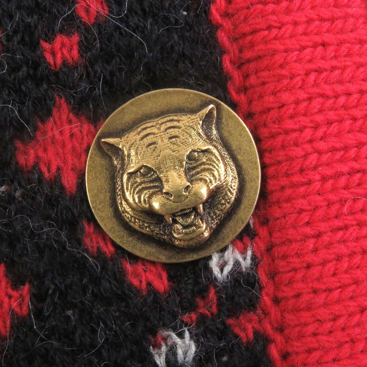 Gucci Alpaca Wool Tiger Head Gold Button GG Jacquard Knit Cardigan Black — view 4