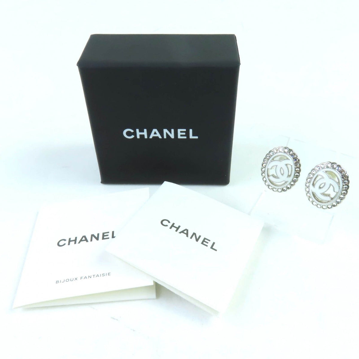Chanel CC Logo Rhinestone Decorative Earrings White — view 2
