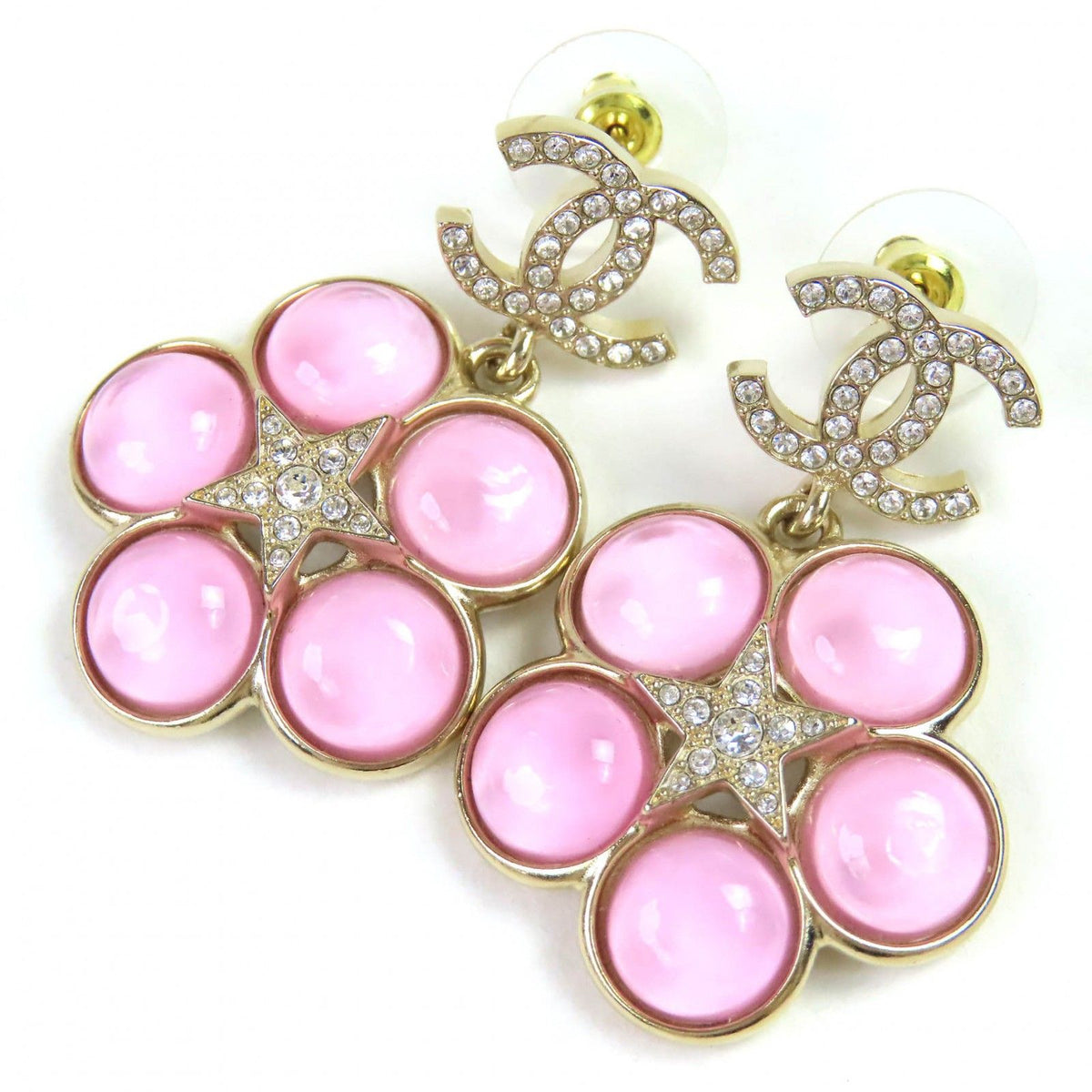 Chanel CC Logo Rhinestone Star Flower Earrings for Both Ears Pink Gold