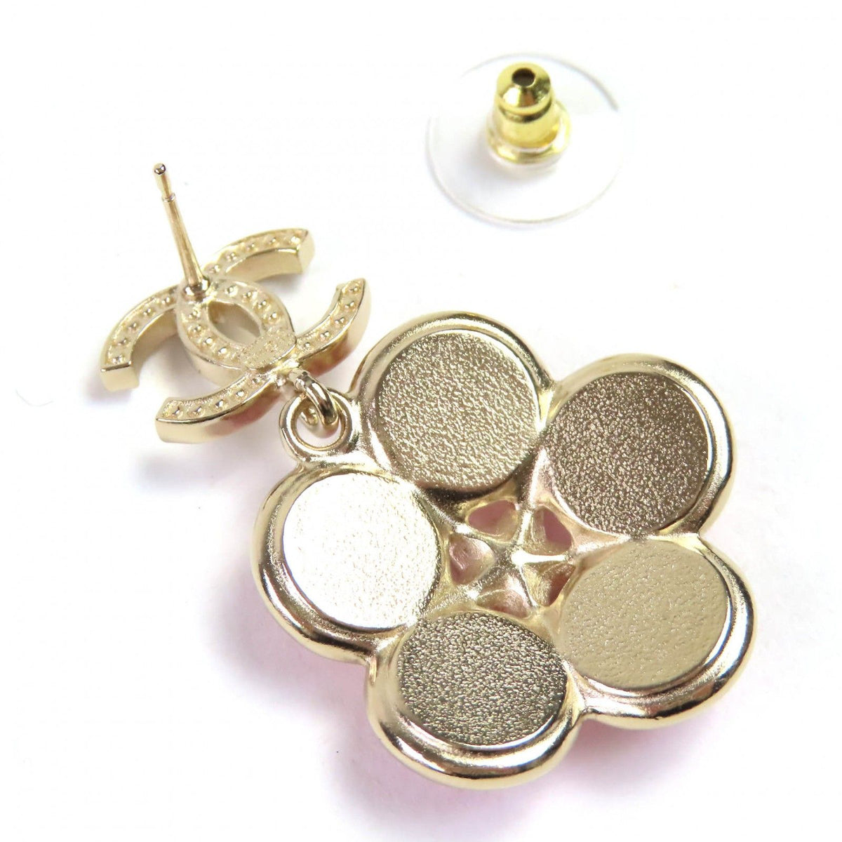 Chanel CC Logo Rhinestone Star Flower Earrings for Both Ears Pink Gold — view 4