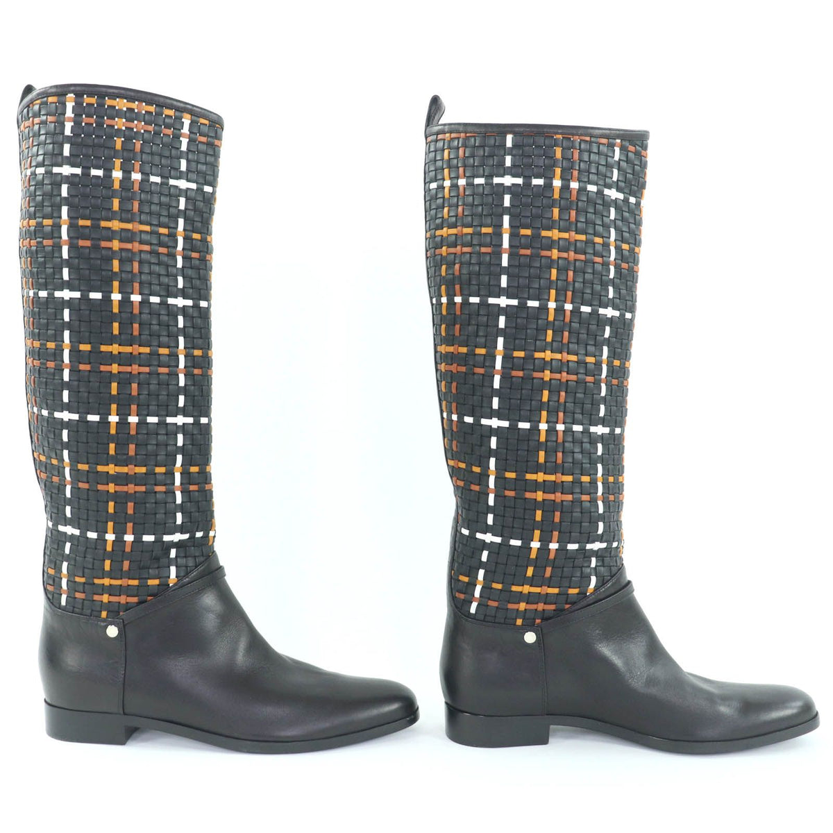 Hermes Silver Sellier Buttons Braided Design Leather Long Boots Black — view 4