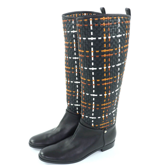 Hermes Silver Sellier Buttons Braided Design Leather Long Boots Black