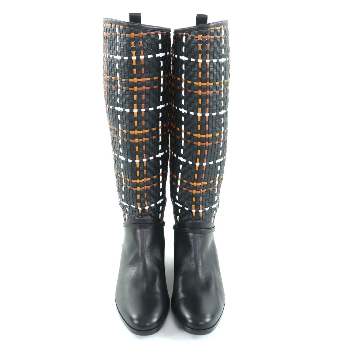Hermes Silver Sellier Buttons Braided Design Leather Long Boots Black — view 7