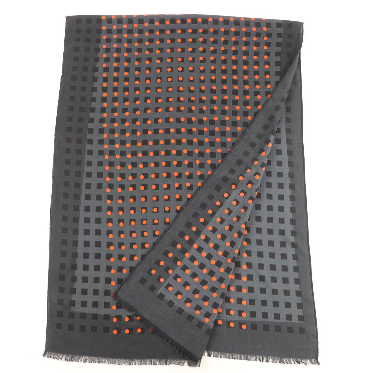 Hermes Cashmere Silk Dot Design Large Shawl with Fringe Gray Scarf — view 2